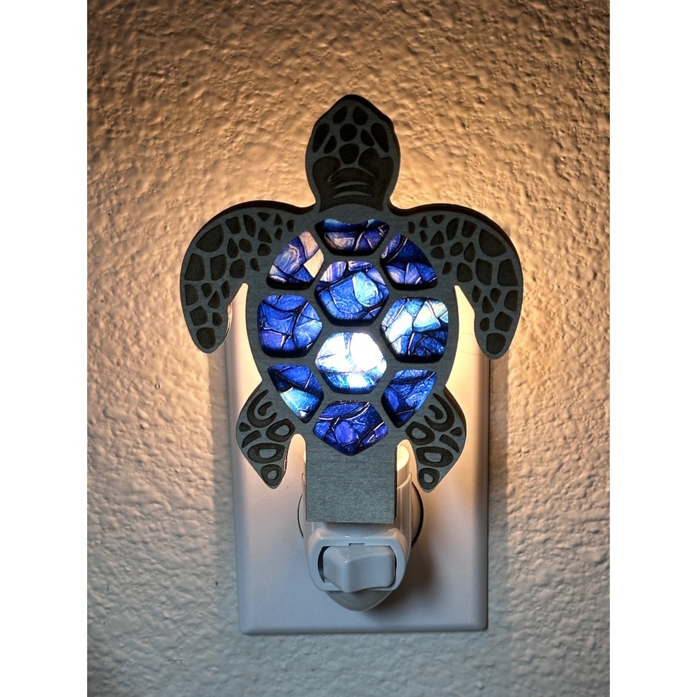 Turtle Night Light Wood Mosaic Blue Accent Home Decor Handmade Sea Turtle - Picture 3 of 10
